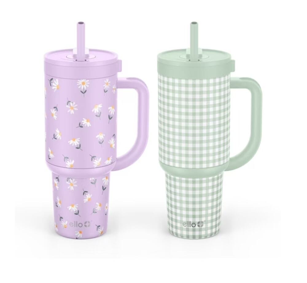 Ello Oasis 30oz Stainless Steel Tumbler, 100% Leakproof, 2-Pack Daisy, Gingham